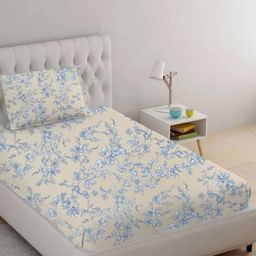 Trance Home Linen Blue Floral Printed 210 TC Cotton Fitted Single Bedsheet Set 1.98mx 91cm-54