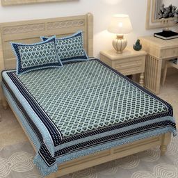 Lali Prints Blue & White Ethnic Motifs 180 TC Single Bedsheet with 2 Pillow Covers-image-70