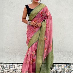 KALINI Pink Tissue Floral Printed Tissue Saree With Unstitched Blouse Piece-image-27