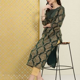 House of Pataudi Women Green & Gold-Coloured Printed Jashn Straight Kurta-picture-5