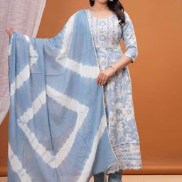 UNISETS Women Floral Printed Empire Thread Work Raw Silk Kurta with Pyjamas & With Dupatta-41