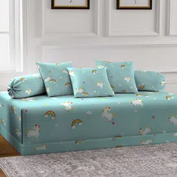 Aura Set Of 6 Blue & White Printed Cartoon TC Cotton Diwan Set-9