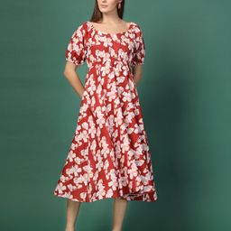 Oomph! Floral Print Puff Sleeve Crepe Fit & Flare Midi Dress-picture-48