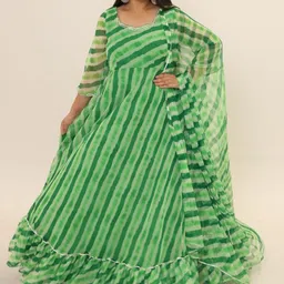 Swadeshi Shringaar Leheriya Printed Maxi Ethnic Dress With Dupatta-4