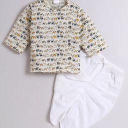 Polka Tots Full Sleeves Camel Print  Angrakha Kurta With Dhoti  Set - Cream-image-8