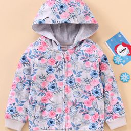 Babyhug Full Sleeves Hooded Sweat Jacket Floral Print - Grey Pink-image-65