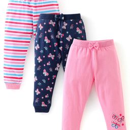 Babyhug Cotton Knit Full Length Lounge Pants with Bow Applique Stripes & Butterfly Print Pack of 3 - Pink & Navy-image-71