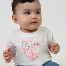 KNITROOT Diwali Theme Half Sleeves Happiness Is In The Air Text Printed Tee - White-picture-44