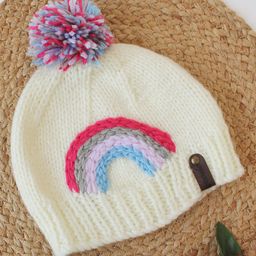 Woonie Handmade Rainbow Embroidered & Pom Pom Detailed   Cap - Cream-image-1