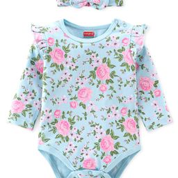 Babyhug 100% Cotton Full Sleeves Onesie with Head Band Floral Print - Blue-image-82