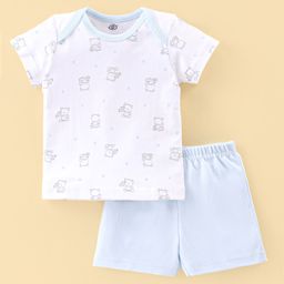 Zero Cotton Sinker Knit Half Sleeves Night Suit Bear Print - White & Sea Blue-image-70