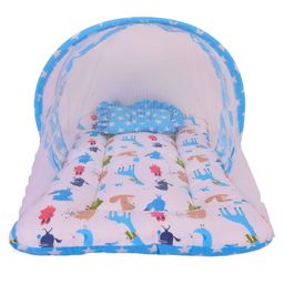 Babytoons Cotton Bedding Set Thick Base Foldable with Mosquito Net and Head Pillow - Zip Closure (Blue, 0-12 Months)-28