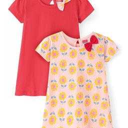 Babyhug Single Jersey Cap Sleeves Knee Length Frocks with Bow Floral Print - Red & Peach-image-91