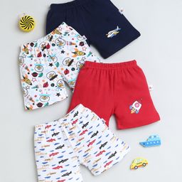 BUMZEE Interlock Pack Of 4 Space Theme & Aeroplane Printed Shorts - Navy Blue & Red-image-7