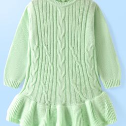 Babyhug Knitted Full Sleeves a Line Dress with Cable Knit Design & Frill Detailing at Hem - Green-image-99
