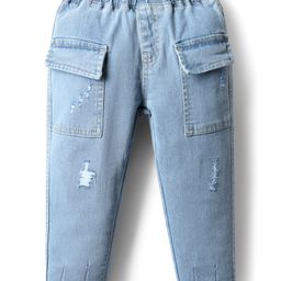 Kookie KIds Full Length Cotton Lycra Denim Jeans with Cargo Pockets & Tearing Detailing - Light Blue-image-62