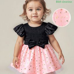 BabyoyeWoven Puffed Sleeves Party Frock with Star Foil Print & Bow Applique - Black & Pink-image-32