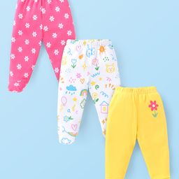 Babyhug Interlock Cotton Knit Bootie Leggings Floral Print Pack of 3 - Pink Yellow & White-image-86