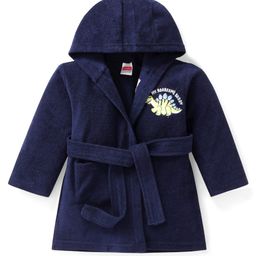 Babyhug Terry Knit Full Sleeve Hooded Bathrobe with Elastic at Waist & Dino Patch - Navy Blue-image-74