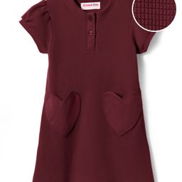 Kookie Kids Waffle Knit Half Sleeves Solid Henley Neck Dress With Heart Pocket Detailing - Wine-picture-28