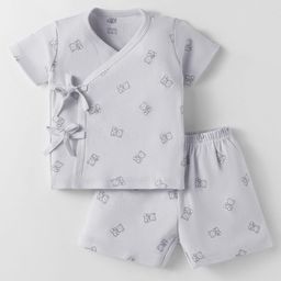 Zero Sinker Knit Half Sleeves Shorts Night Suit With Teddy Bear Print - Silver-image-82