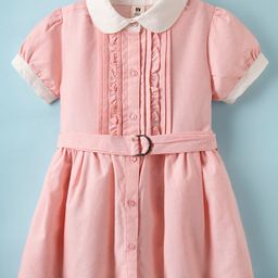 ToffyHouse Cotton Woven Half Sleeves Solid Shirt Dress With Belt - Pink-image-97