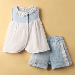 ToffyHouse Cotton Woven Sleeveless Front Open Frock With Lace Detailing & Shorts - Light Blue & White-picture-23