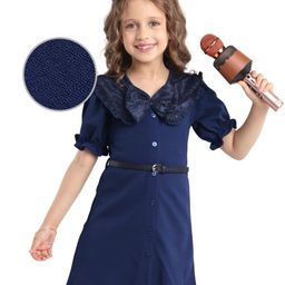 Hola Bonita Knit Half Sleeves Solid Textured Dress With Shimmered Bow Applique & Belt - Navy Blue-image-84