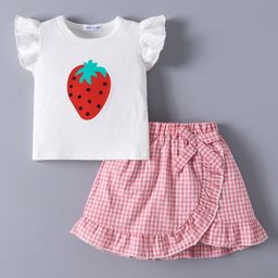Mark & Mia Frill Sleeves Top & Checks Skirt Set with Bow Applique - Red & White-image-89