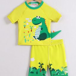 Babyhug Half Raglan Sleeves Two Piece Swimsuit With Dino Print & Applique - Yellow-image-26