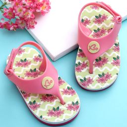 Babyoye Velcro Closure Flip Flops With Floral Print - Pink-image-0