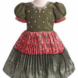Enfance Half Puffed Sleeves Floral Printed & Beads Embellished Pattu Pavadai Dress - Mehendi-image-83