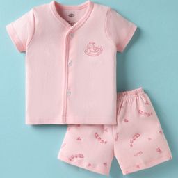 Zero Interlock Knit Half Sleeves Shorts Night Suit With Animal Print - Peach-image-15