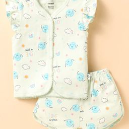 CUCUMBER Sinker Knit Frill Sleeves Shorts Co-ords Night Suit with Cloud Print - Light Green-image-58