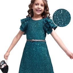 Hola Bonita Knit Half Frill Sleeves Party Dress With Pleated Sequin Detailing - Teal Blue-picture-15
