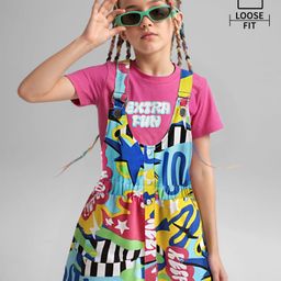 Ollington St. Sinker Knit Half Sleeves T-Shirt & Pinafore with Extra Fun Text Print - Dark Pink & Light Blue-picture-46