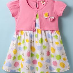 Dew Drops Cotton Knit Half Sleeves Frock with Fruits Print & Bow Applique - Pink-image-36