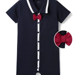 Mark & Mia Cotton Knit Half Sleeves Solid Color Front Open Romper with Bow Applique - Navy Blue-picture-1
