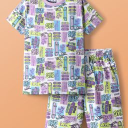 Pine Kids Single Jersey Knit Half Sleeves Co-ords Shorts Night Suit with Skating Print - White-image-91