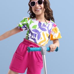 OLLINGTON ST. Cotton Knit Half Puffed Sleeves Printed Top & Shorts Set - Pink-picture-38