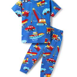 Babyhug Cotton Knit Half Sleeves Co-Ord Night Suit With Vehicle Print - Blue-image-34