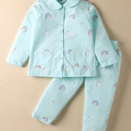 Teddy Sinker Knit Full Sleeves Co-Ord Night Suit with Rainbow Print - Light Blue-picture-13