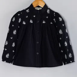 Hugsntugs Cotton Woven Full Sleeves Floral Embroidered Shirt Style Top - Black-image-19