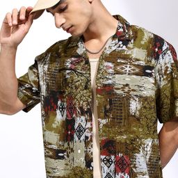 KETCH Men Olive Mui Viscose Abstract Printed Cuban Collar Relaxed Shirt-image-17