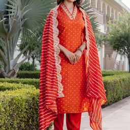 KALINI Bandhani Printed V-neck Straight Kurta With Trousers & Dupatta-16