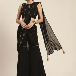 Shae by SASSAFRAS Women Black Ethnic Motifs Printed Flared Palazzos with Attached Pallu-picture-6
