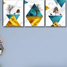 Aura White & Gold-Toned 3 Pieces Tree Deer Printed Wooden Wall Paintings-image-76