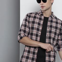 The Indian Garage Co Men Navy Blue & Peach-Coloured Cotton Checked Casual Shirt-7