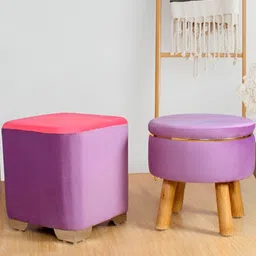 Shadowkart Set Of 2 Pink & Purple Wooden Pouffes Sitting Ottomans-43