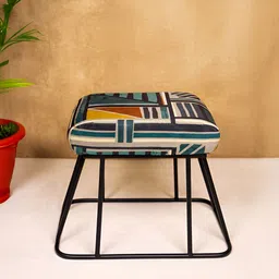 Decoghar Teal Green & Black Geometric Printed Upholstered Square Shaped Metallic Stool-7